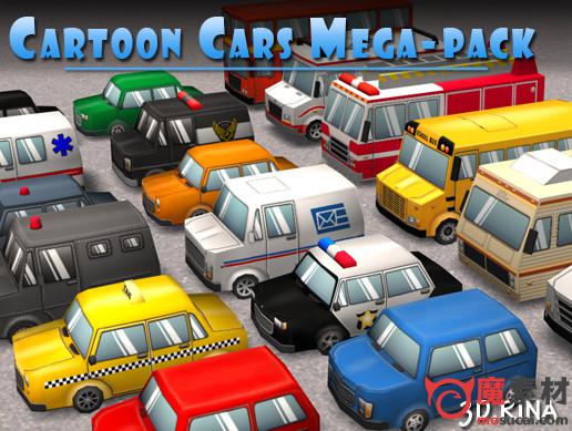 3D 18辆多边卡通汽车卡车Cartoon Cars Mega-Pack